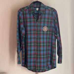 Vintage Rotary International Tartan Plaid Red Blue Green Button Down, Sz Medium